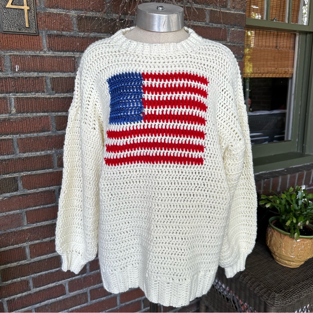 Handknit cream round neck sweater with Handknit red/blue American flag. Sz  L/XL